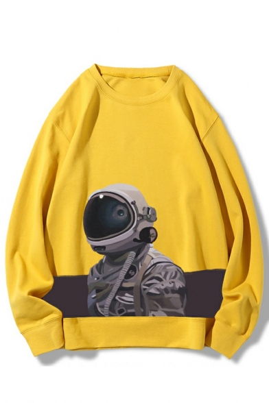 Street Look Mens Sweatshirt Astronaut Pattern Long Sleeves Crew Neck Rib Cuffs Loose Fitted Sweatshirt