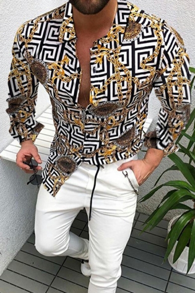 Stylish Men's Shirt Spread Collar Chain Printed Button Closure Long Sleeves Slim Fitted Shirt