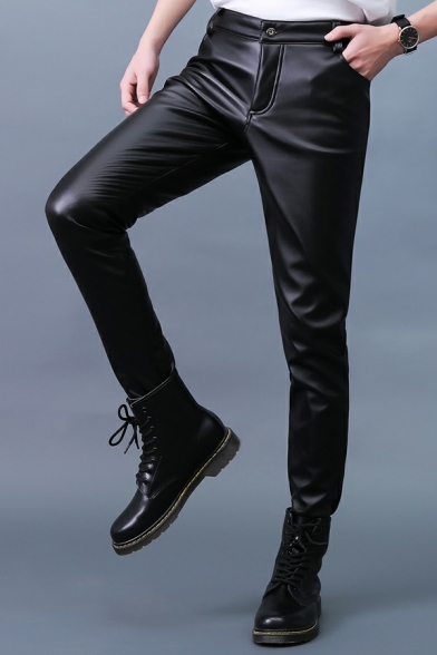 Stylish Mens Pants Pure Color Mid-Rised Zip Placket Pocket Detail Slim Fit Pants