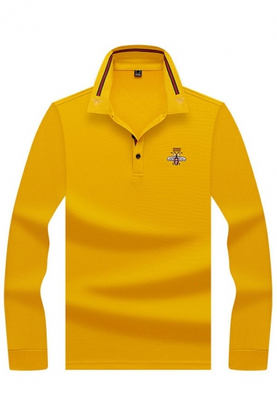 Trendy Mens Polo Shirt Bee Pattern Embroidery Detail Short Sleeve Turn down Collar Slim Polo Shirt