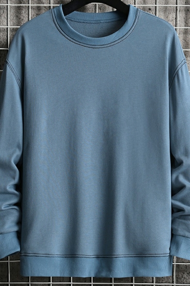 Unique Sweatshirt Pure Color Ribbed Hem Long Sleeve Round Collar Relaxed Sweatshirt for Guys