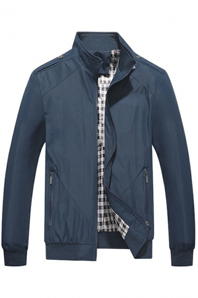 Urban Men's Jacket Plain Plaid Lined Stand Collar Zip Detail Pocket Long Sleeves Jacket