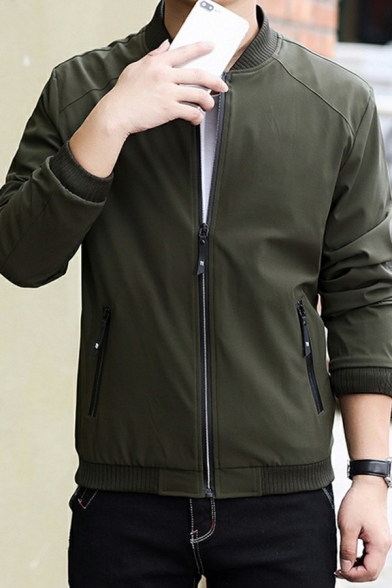 Vintage Bomber Jacket Solid Color Stand Collar Full-Zip Long Sleeve Slim Fit Bomber Jacket for Men
