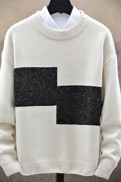 Warm Men's Pullover Color Block Long Sleeves Round Neck Loose Fitted Pullover