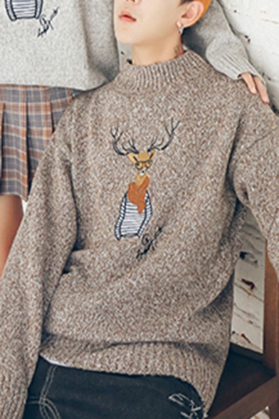 Base Guys Sweater Cartoon Deer Print Ribbed Trim Crew Neck Regular Fit Pullover Sweater