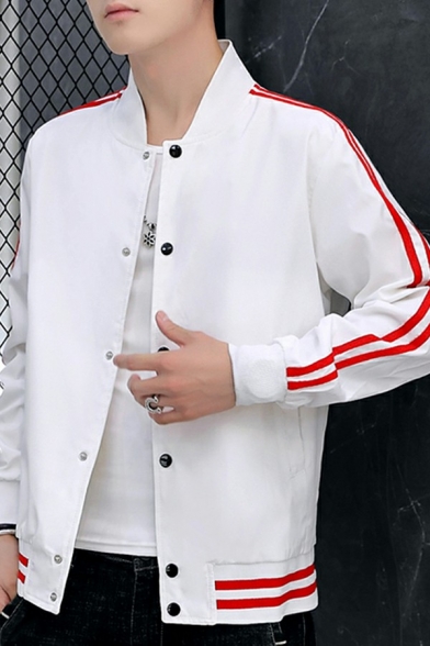 Basic Mens Varsity Jacket Stripe Pattern Button down Long Sleeve Stand Collar Fitted Jacket
