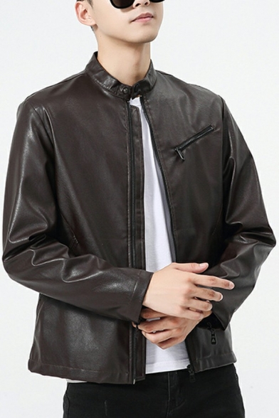 Boys Unique Solid Color Stand Collar Long-Sleeved Relaxed Fit Zip Placket Leather Jacket