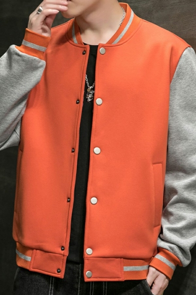 Casual Bomber Jacket Color Block Patchwork Button Placket Baggy Varsity Jacket for Men