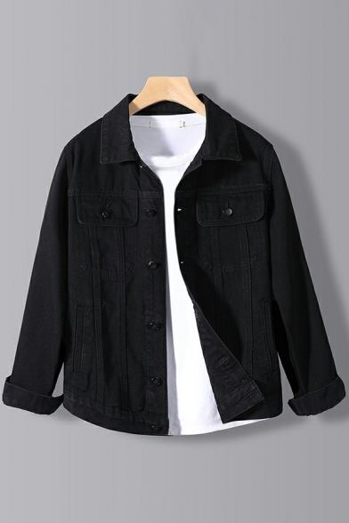 Casual Plain Men's Jacket Spread Collar Single Breasted Chest Pockets Regular Fit Denim Jacket