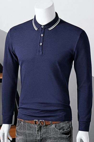 Chic Polo Shirt Contrast Trim Long-Sleeved Turn down Collar Slim Fit Polo Shirt for Men