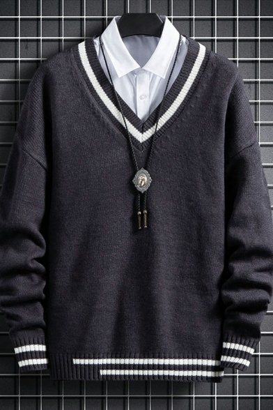 Classic Sweater Contrast Color Rib Hem Long-sleeved V-Neck Regular Fitted Pullover for Men