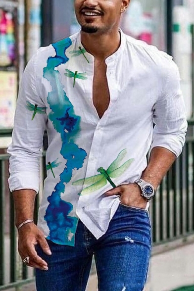 Edgy Shirt Dragonfly Pattern Stand Collar Fitted Long Sleeves Button Down Shirt for Men