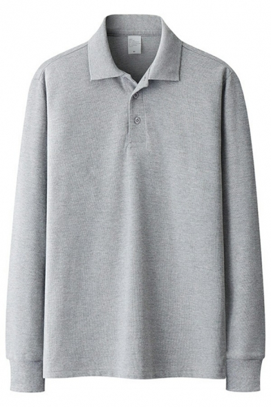 Elegant Mens Polo Shirt Solid Color Long Sleeves Turn down Collar Regular Fit Polor Shirt