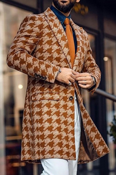 Fashion Coat Houndstooth Print Lapel Collar Long Sleeve Knee Length Button-up Pea Coat for Guys