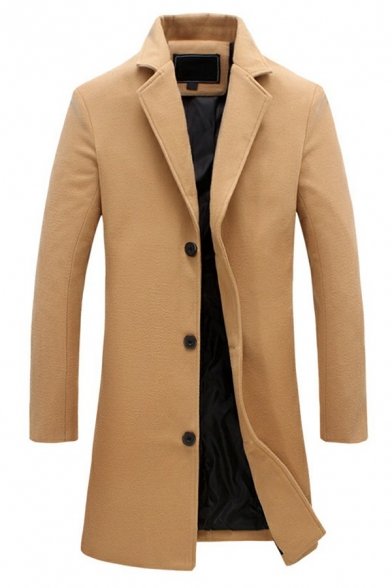 Guy's Fashion Coat Plain Lapel Collar Long Sleeves Relaxed Fit Button Placket Pea Coat