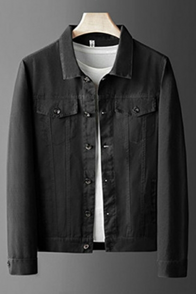 Guys Chic Solid Color Jacket Single Breasted Spread Collar Chest Pockets Regular Fit Denim Jacket
