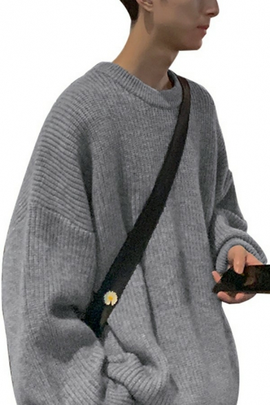 Guys Dashing Sweater Plain Long Sleeve Round Neck Baggy Sweater