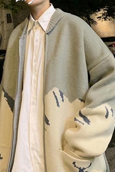 Guys Fashionable Cardigan Printed Side Pocket Spread Collar Zip-up Long-sleeved Cardigan