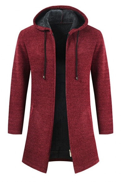 Guys Leisure Knit Cardigan Solid Color Long Sleeve Open-Front Regular Fit Hooded Cardigan