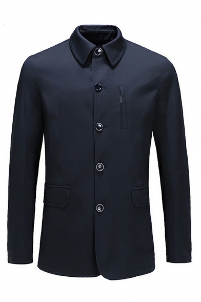 Guys Pop Trench Coat Solid Button Placket Turn-down Collar Flap Pocket Long-sleeved Trench Coat
