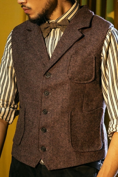 Guys Retro Vest Whole Colored Multi-Pocket Button Placket Lapel Collar Regular Fit Sleeveless  Vest