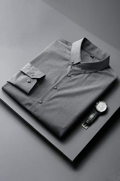 Hot Guys Shirt Stripe Pattern Button Placket Turn-Down Collar Regular Fit Long Sleeves Shirt