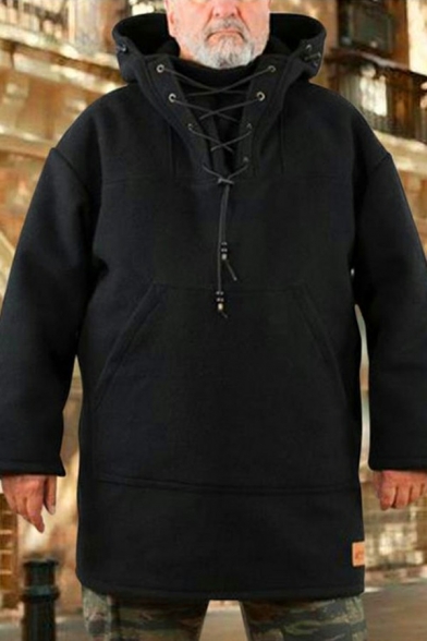 Men Stylish Hoodie Whole Colored Lace Up Decoration Baggy Long-Sleeved Hooded Hoodie