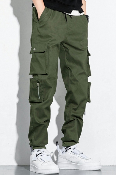 Men Trendy Drawstring Cargo Pants Pure Color Pocket Detail Elastic Waist Slim Fit Pants
