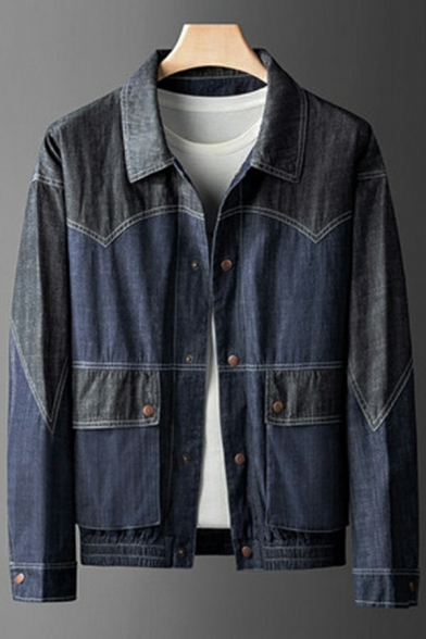 Mens Urban Color Block Jacket Spread Collar Single Breasted Pockets Detail Fitted Denim Jacket