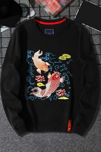 Popular Sweatshirt Crew Neck Carp Embroidery Long Sleeve Regular Fit Sweatshirt for Men