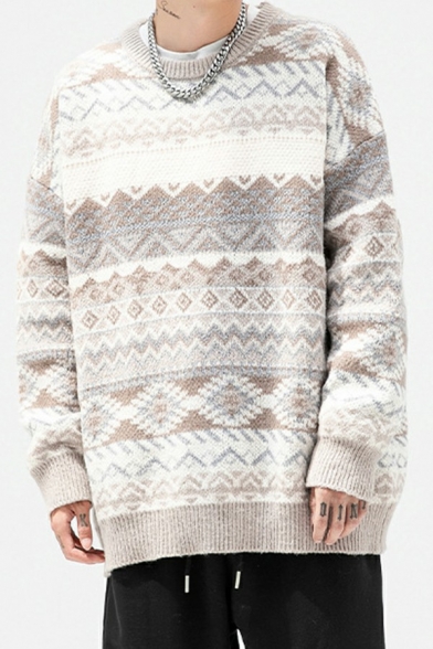 Retro Men's Jacquard Sweater Tribal Pattern Crew Neck Long-Sleeved Loose Fit Sweater