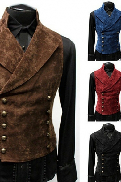 Retro Mens Vest Solid Color Double Breasted Lapel Collar Skinny Fitted Vest