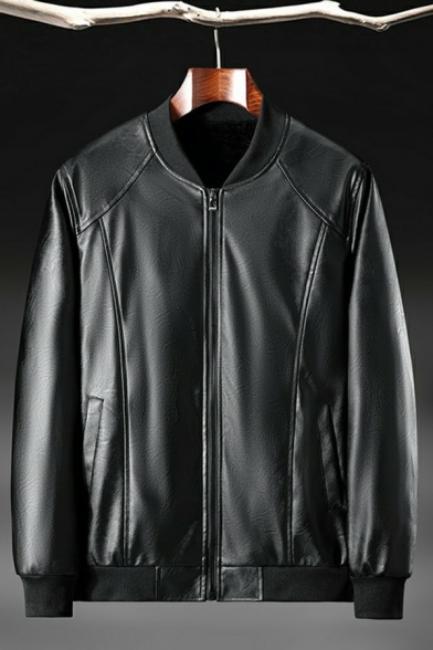 Simple Men's Leather Jacket Zip Fly Front Pocket Long Sleeves Regular Fit Leather Jacket