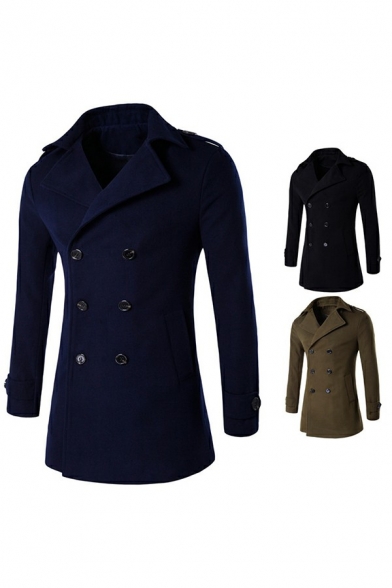 Stylish Coat Whole Colored Collar Double Breasted Long Sleeves Coat for Guys