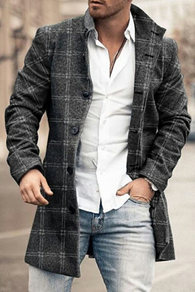 Stylish Mens Overcoat Solid Color Stand Collar Single Breasted Regular Fit Long Sleeve Overcoat