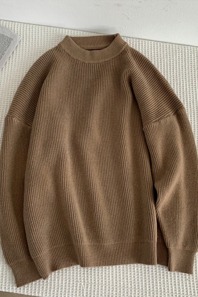 Teenagers Style Sweater Pure Color Ribbed Trim Long Sleeves Round Neck Oversize Pullover Sweater