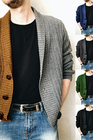 Trendy Cardigan Sweater Contrast Color Long Sleeve Lapel Collar Button Closure Regular Fitted Cardigan Sweater for Men