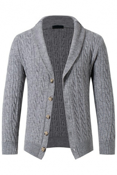 Trendy Guys Cardigan Solid Color Lapel Rib Hem Button Up Cable Knit Long Sleeve Regular Fit Cardigan