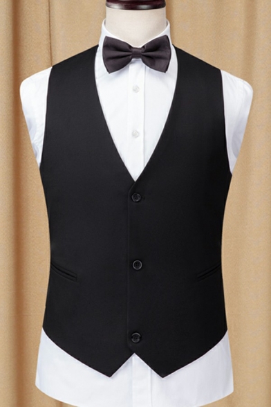 Trendy Suit Vest Pure Color V-Neck Sleeveless Button Closure Slim Fitted Suit Vest for Men