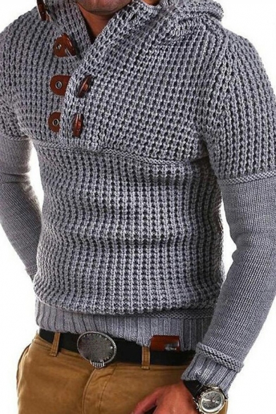 Trendy Sweater Plain Hooded Button Detailed Rib Cuffs Long-Sleeved Fitted Sweater for Men