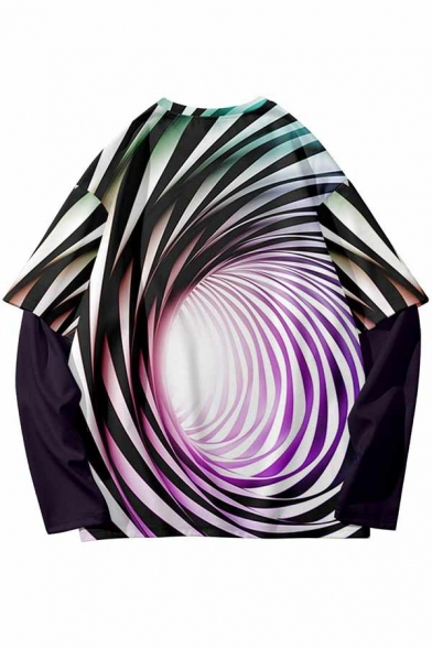 Unique Abstract Print Hoodie Faux Twinset Long Sleeves Crew Neck Oversized Sweatshirt for Men