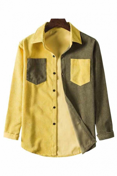 Unique Contrast Paneled Mens Shirts Turn-Down Collar Chest Pockets Button Fly Oversized Shirts