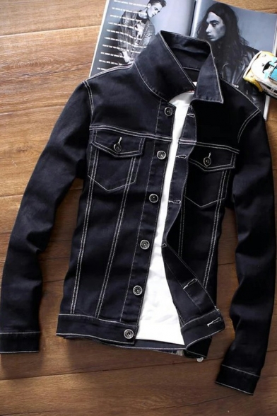 Vintage Mens Jacket Spread Collar Pockets Detail Button Closure Slim Cut Denim Jacket