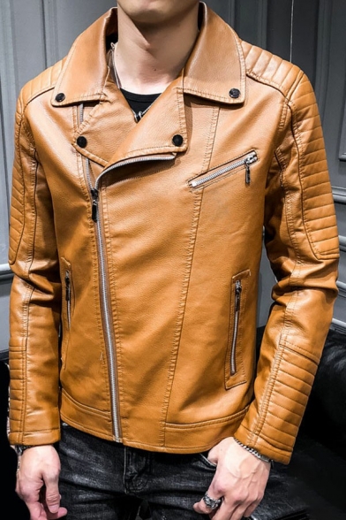 Vintage Mens Leather Jacket Solid Color Lapel Collar Long-Sleeved Pocket Detail Zip Placket Leather Jacket
