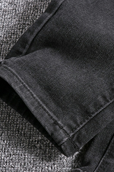 Basic Denim Jeans Side Pocket Zip Fly Pure Color Ankle Length Slim Fit Jeans for Men