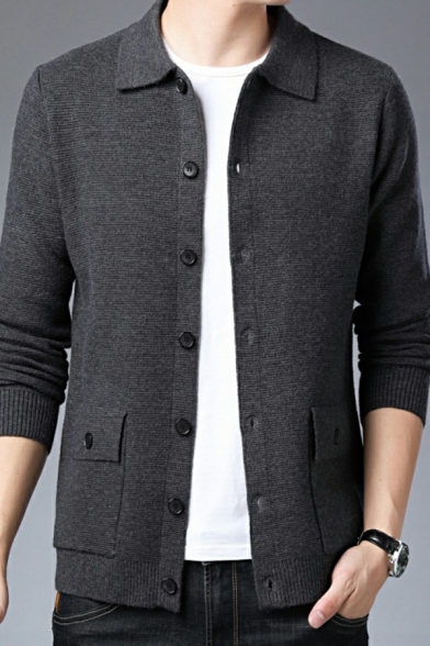 Basic Guys Plain Cardigan Spread Collar Button Up Ribbed Trim Long-Sleeved Slim Fit Cardigan