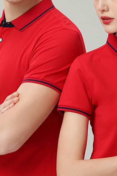 Basic Mens Polo Shirt Contrast Panel Button Detail Short Sleeve Turn down Collar Slim Polo Shirt