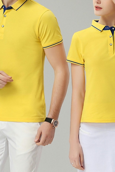 Basic Mens Polo Shirt Contrast Panel Button Detail Short Sleeve Turn down Collar Slim Polo Shirt