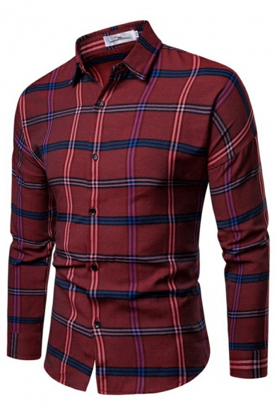 Basic Mens Shirt Contrast Plaid Print Button Placket Turn-Down Collar Fitted Long Sleeves Shirt