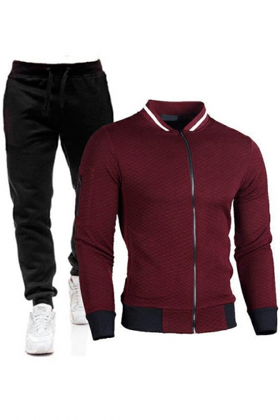 Casual Mens Co-ords Solid Color Quilted Detail Stand Collar Contrast Trim Zip Placket Sweatshirt & Pants Fitted Co-ords